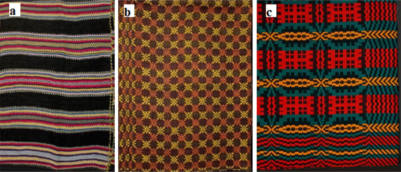 Composition of bedspreads: a – open composition (without edges and ends), OAML, LBM483, Dubičiai, Varėna district, Dzūkija region, Lithuania, linen, hemp, 140 × 160 cm; b – semi-closed composition (with edges on both sides), OAML, LBM1940, Bagdononys, Lazdijai district, Dzūkija region, Lithuania, linen (tow), 175 × 137 cm; c – closed composition (with edges and ends), OAML, LBM47545, Aukštaitija region, Lithuania, linen, wool, 140 × 160 cm