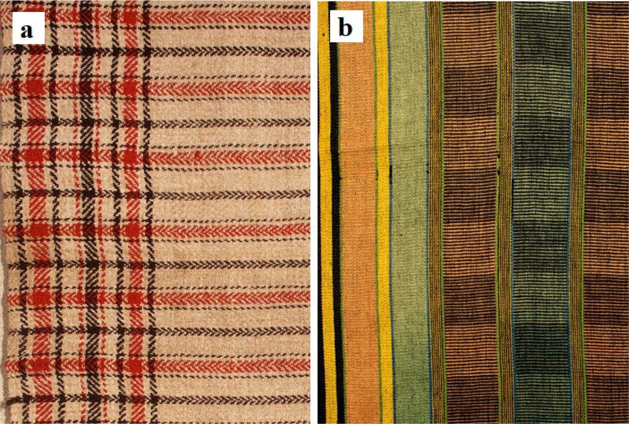 Bedspreads with covered edges: a – MFARL AP-15980 Zalishchyky district, Ternopil region, the western part of Podillia region, Ukraine, 1940, hemp, wool, 178 × 64 cm; b – OAML, LBM496, Sriauptiu village, Skuodas district, Žemaitija region, Lithuania, 1910, linen, wool, 205 × 120 cm