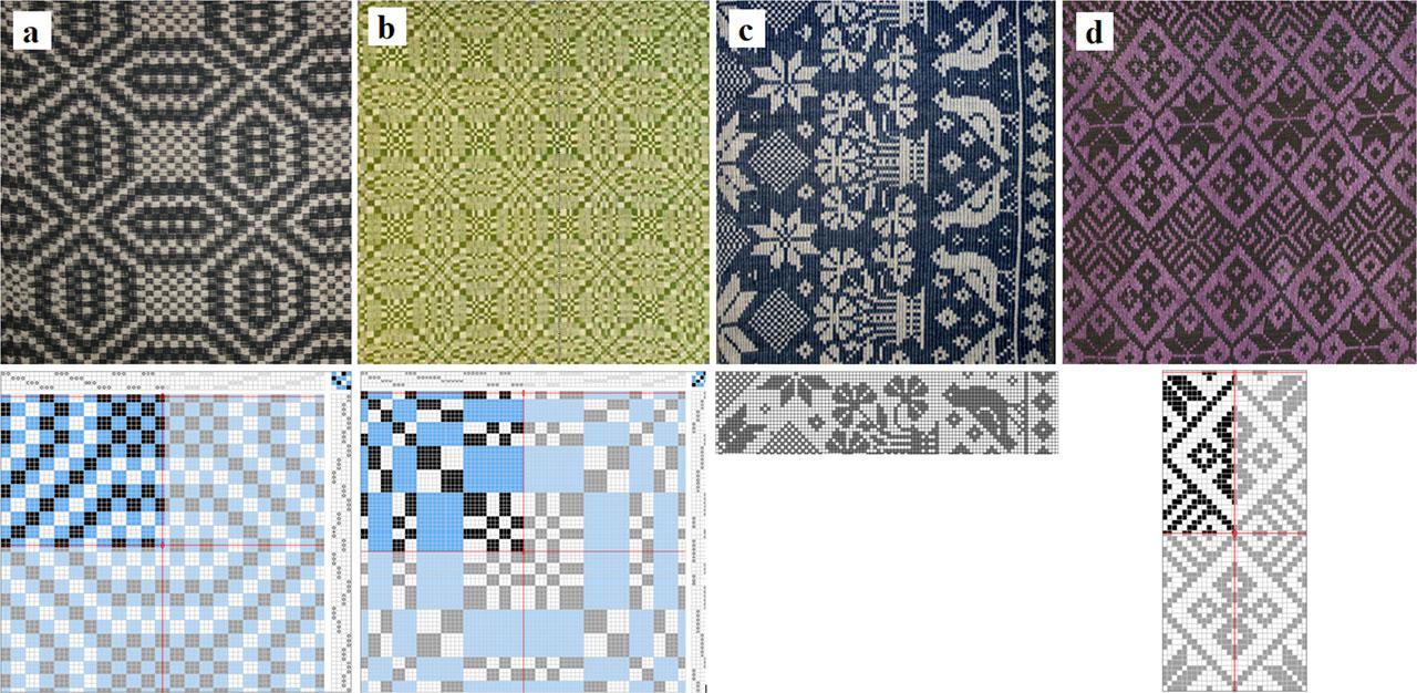 Overshot and pick-up bedspreads: a – NML, NMT-1483 Jarchuk V., Klevan town, Rivne village, Polissia region, Ukraine, 1960, linen, 190 × 145 cm; b – OAML, LBM2556, Mostaičiai village, Plungė district, Žemaitija region, Lithuania, 1898, linen, wool, 206 × 132 cm; c – NML, NMT-2514 Dudych M., Rivne region, Polissia region, Ukraine, 1977, linen, wool, 160 × 65 cm; d – OAML, LBM26283, Tytuvėnai, Kelmė district, Žemaitija, Lithuania, beginning of 20th century, linen, 167 × 140 cm