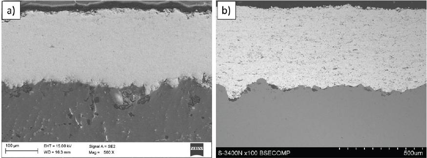 The SEM images of the coatings’ cross-sections at low magnification (500x): (a) MBS and (b) SBS