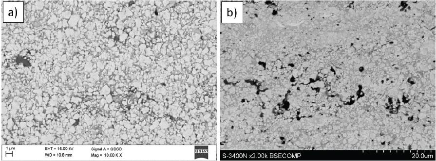 The SEM images of the coatings’ cross-sections at high magnification (10,000x): (a) MBS and (b) SBS