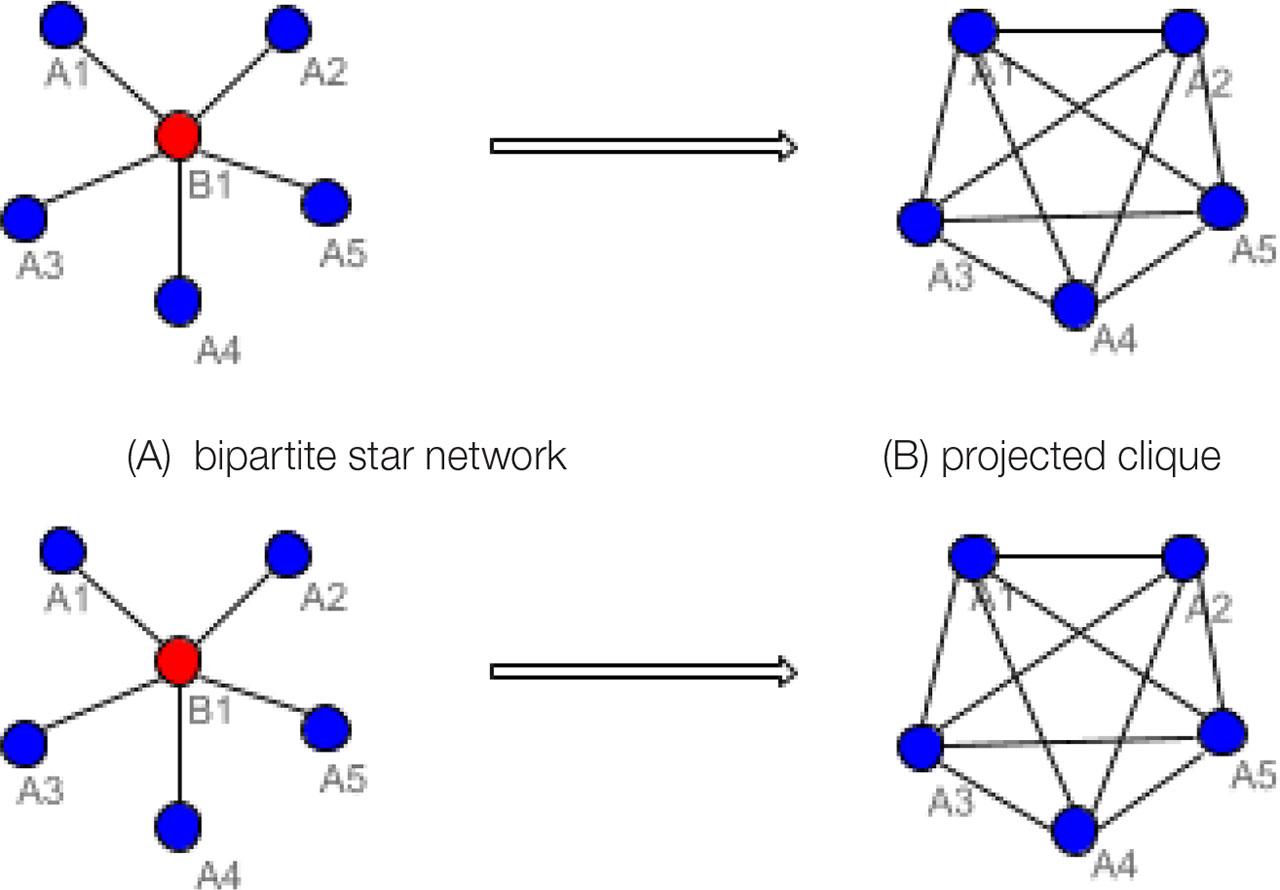 Illustration showing how a star-shaped network in bipartite configuration (A) becomes a clique (B) in the projection where one shared circle (B1) becomes a connection between all authors.