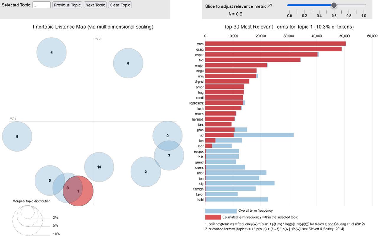 Topic modeling based on 187,244 tweets mentioning the account of @ FranciaMarquezM. Topic 1. The interactive visualization can be found here