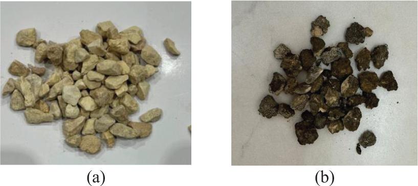 Samples of the coarse aggregates used in this study. (a) Limestone aggregate. (b) RAP aggregate