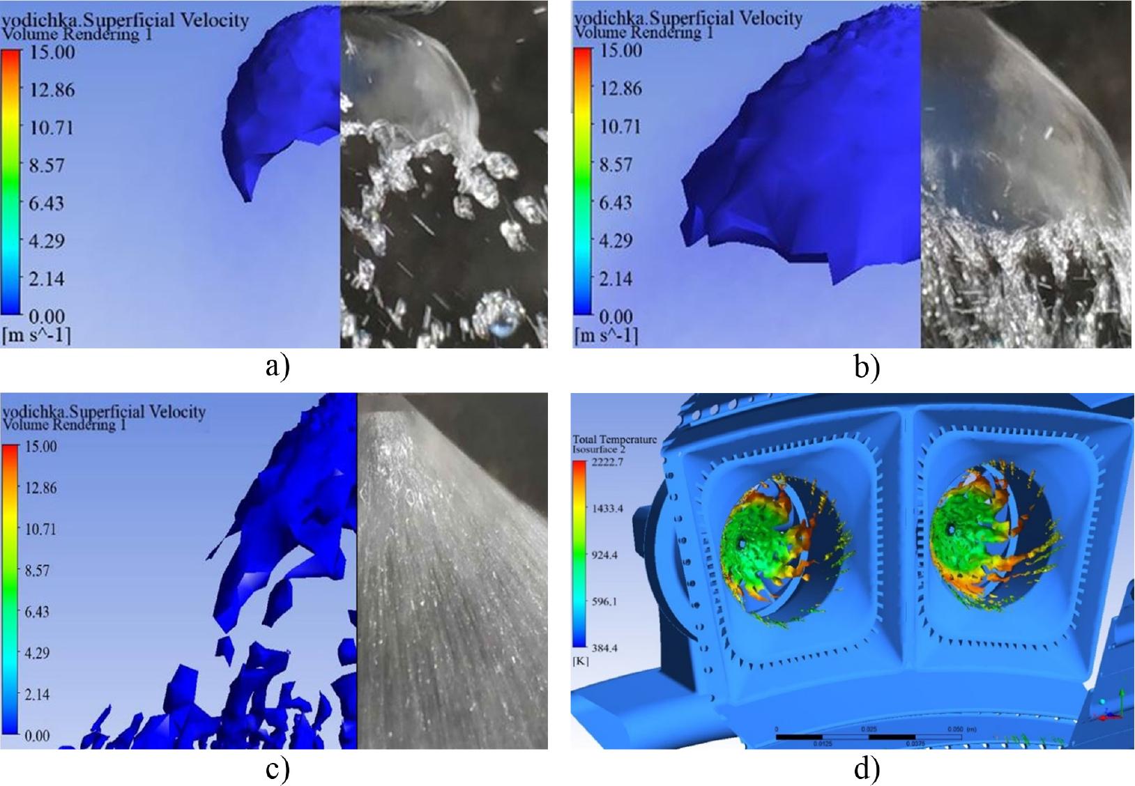 Visualization of the results of numerical and physical simulation of the flow from the secondary circuit of the nozzle at the mass flow rate of the liquid: a) 0.002 kg/s; b) 0.003 kg/s; c) 0.004 kg/s; d) parameters of fuel spraying in Max mode at simulation of combustion process.