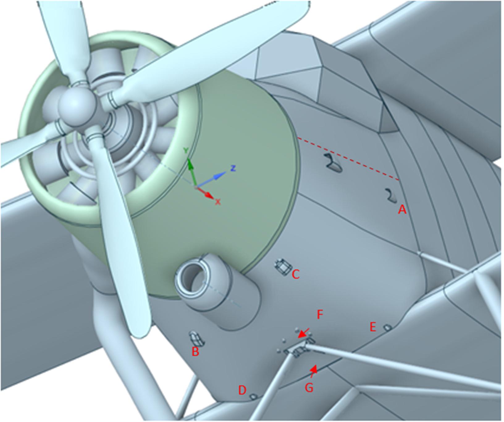 Elements of the existing ventilation system of the equipment bay:
A-inlet; B,C-front outlets covered with fairings; D,E-rear outlets covered with fairings; F,G – location of two pairs of small drainage holes, invisible in the drawing scale.