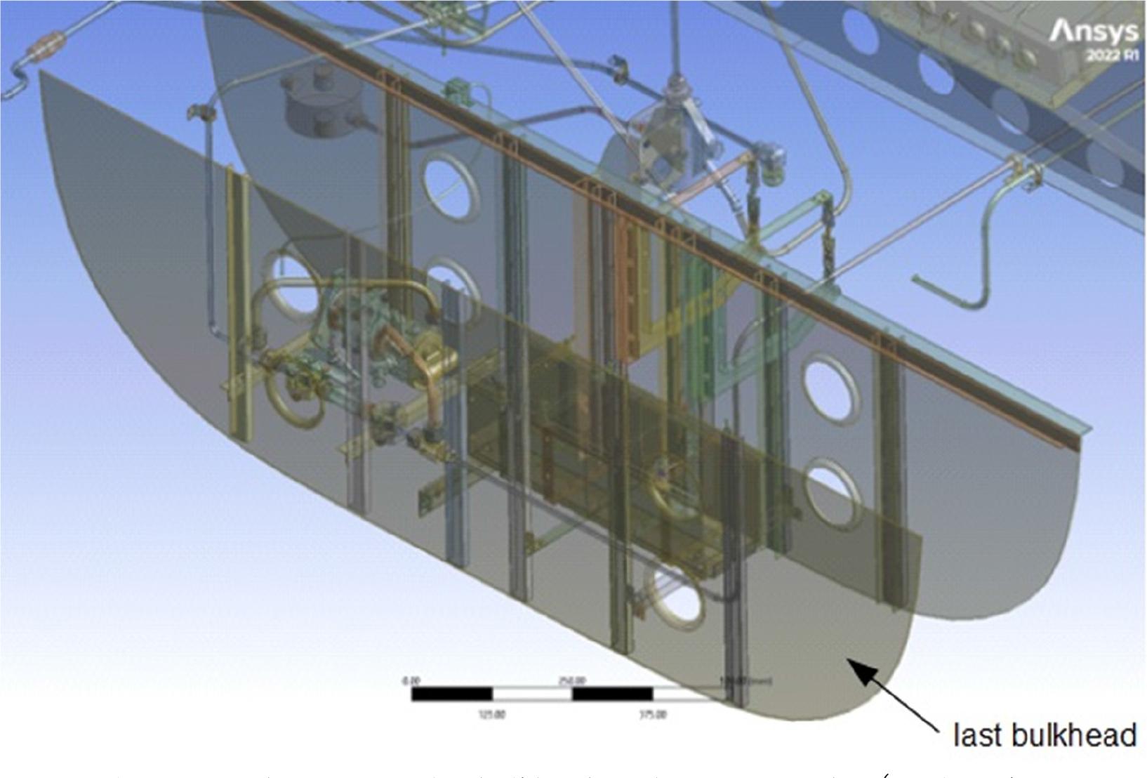 Space between two last bulkheads of the equipment bay (fuselage skin and cabin floor absent for clarity, view from the rear side). Electric fuel pump on the left, electric battery pack to the right.