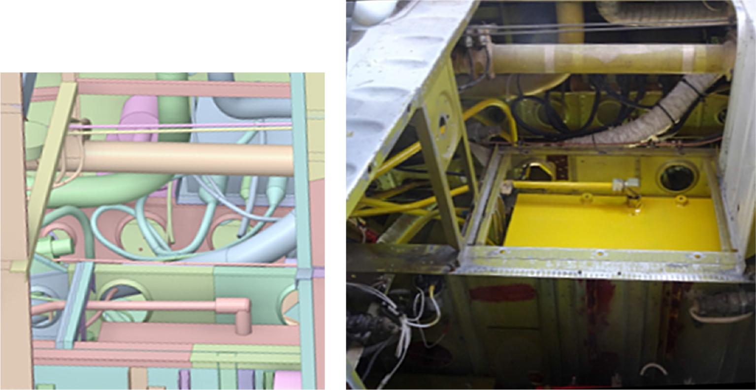 Details of the systems present in the models comprising equipment bay, used for determination of mass flow and pressure values on inlet and outlet surfaces, obtained by 3D scanning (left) and photographed (right).
