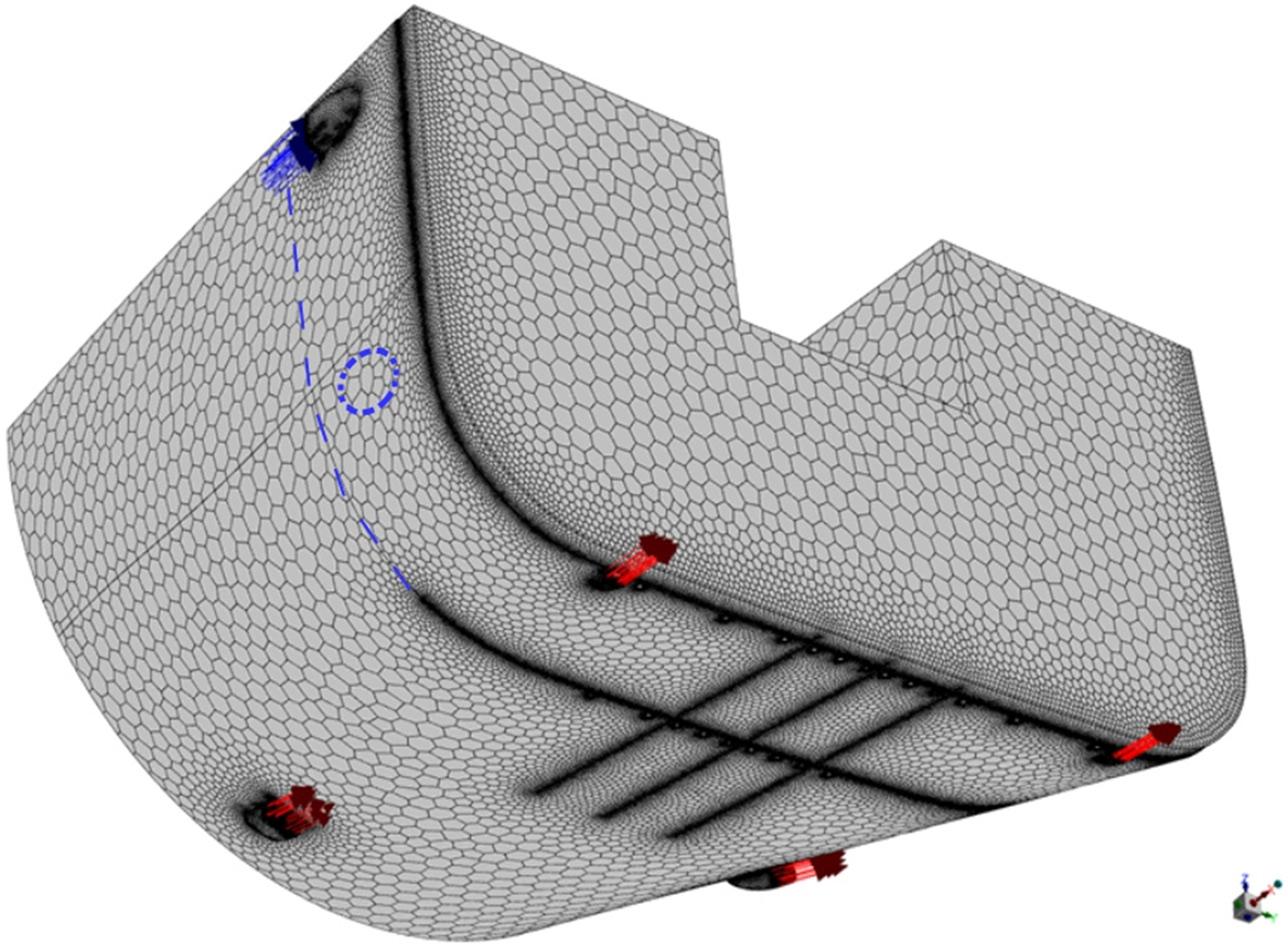 Boundaries of the equipment bay, view from outside. Positions of surfaces with inlet and outlet boundary conditions indicated by blue and red arrows. Blue dashed ellipse indicates the position of additional inlet used in mesh-independence test.