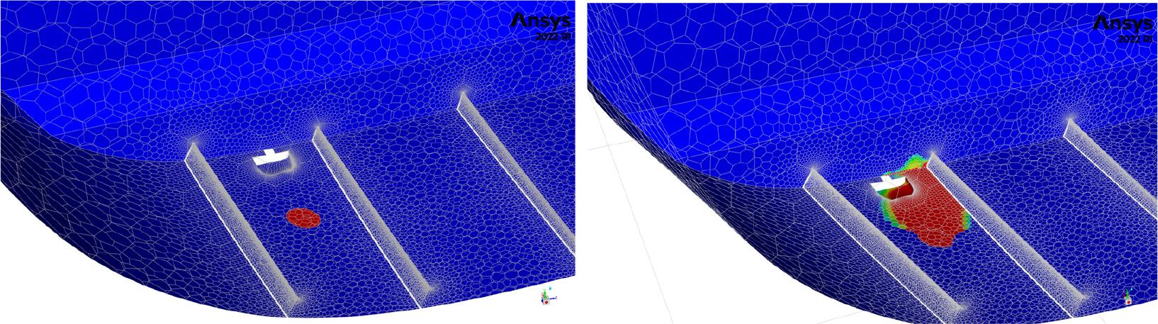 Location of source zone for fuel film (left) and development of the fuel film after approximately 10 seconds (right).