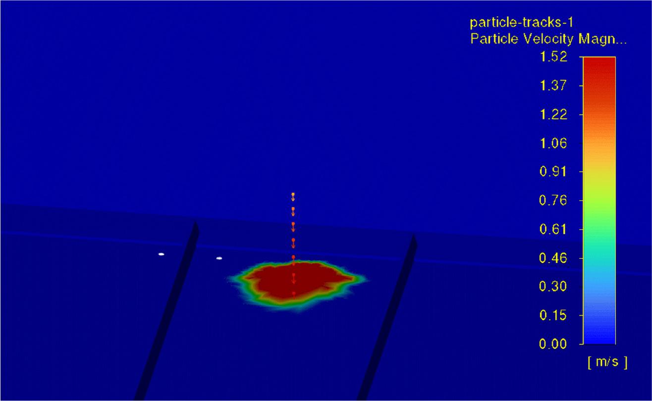 Instantaneous transition of stream of fuel droplets (discrete particles) into Eulerian Wall Film at 2 seconds after the start of simulations of the leak. The scale pertains to particle velocity magnitude, while the colours of the fuel film are indicative of wetted fraction of a surface cell. View from front towards the last bulkhead.