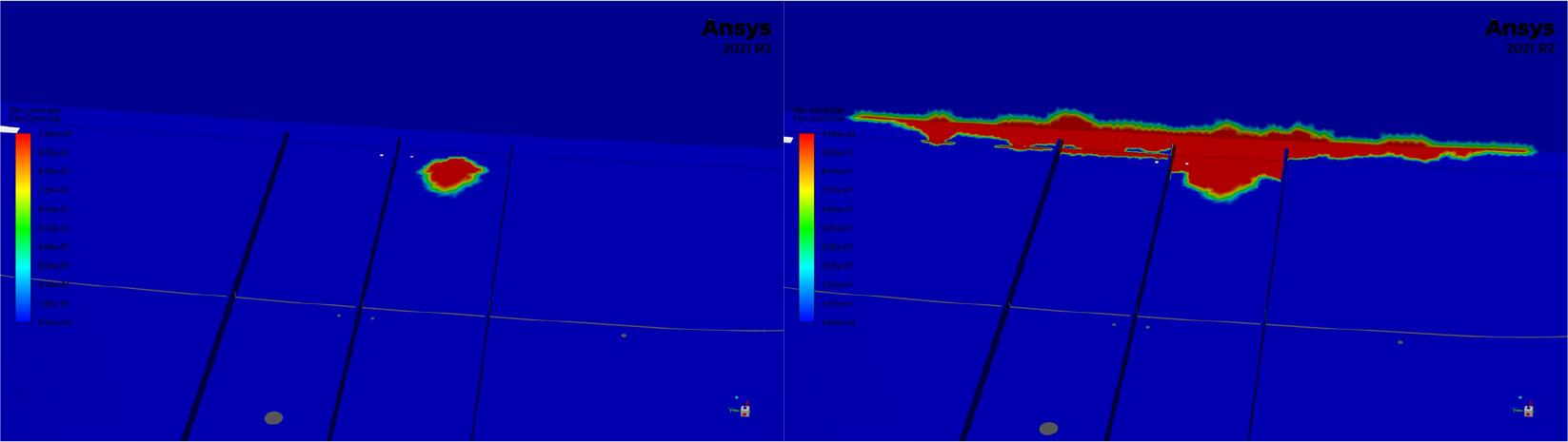 Change in the film-wetted surface area between t=2s and t=68s of simulation. The view is from the upper front of the bay. For good visibility only the floor and the last bulkhead are shown.