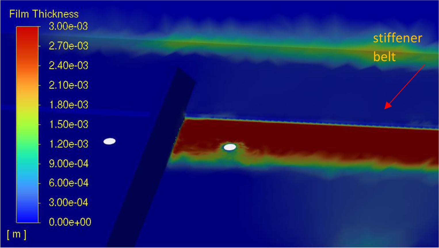 Distribution of film thickness near outlet holes at t=10s of simulation