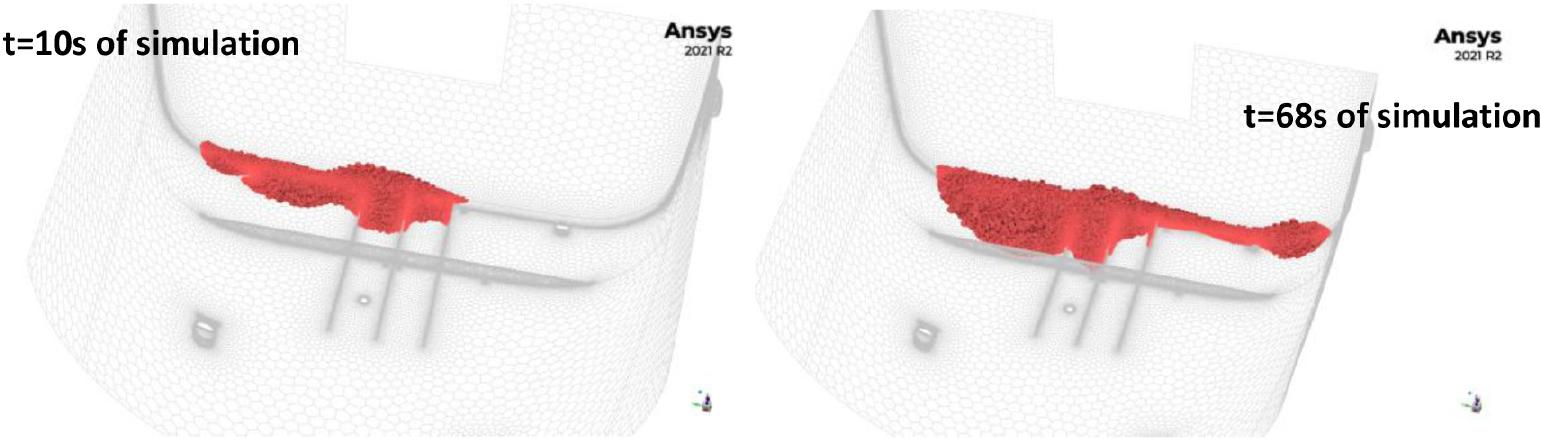 Cells with fuel vapor concentration above flammability level at t=10s of simulation and at t=68s of simulation.