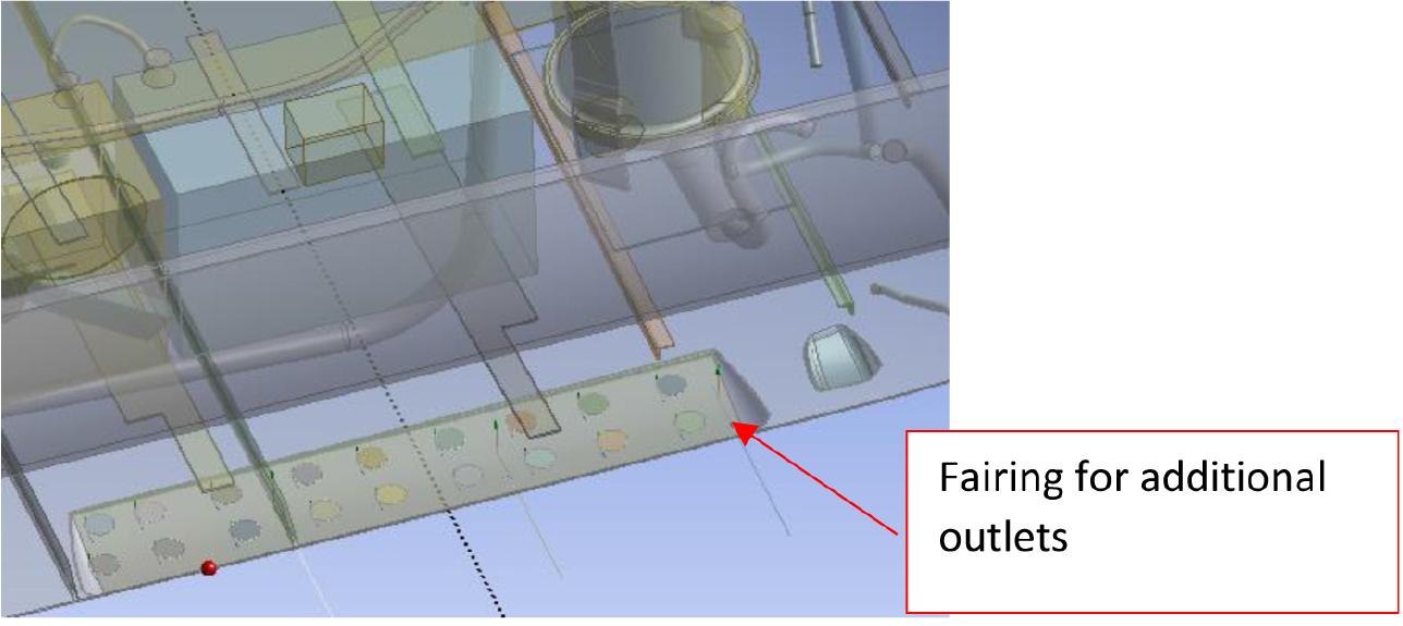 Fairing for the additional outlets, obtained by scaling of the existing fairing of a small side outlet, visible to the right of the picture (view created using the surface permeability option for visualizing surfaces in ANSYS Design Modeler).