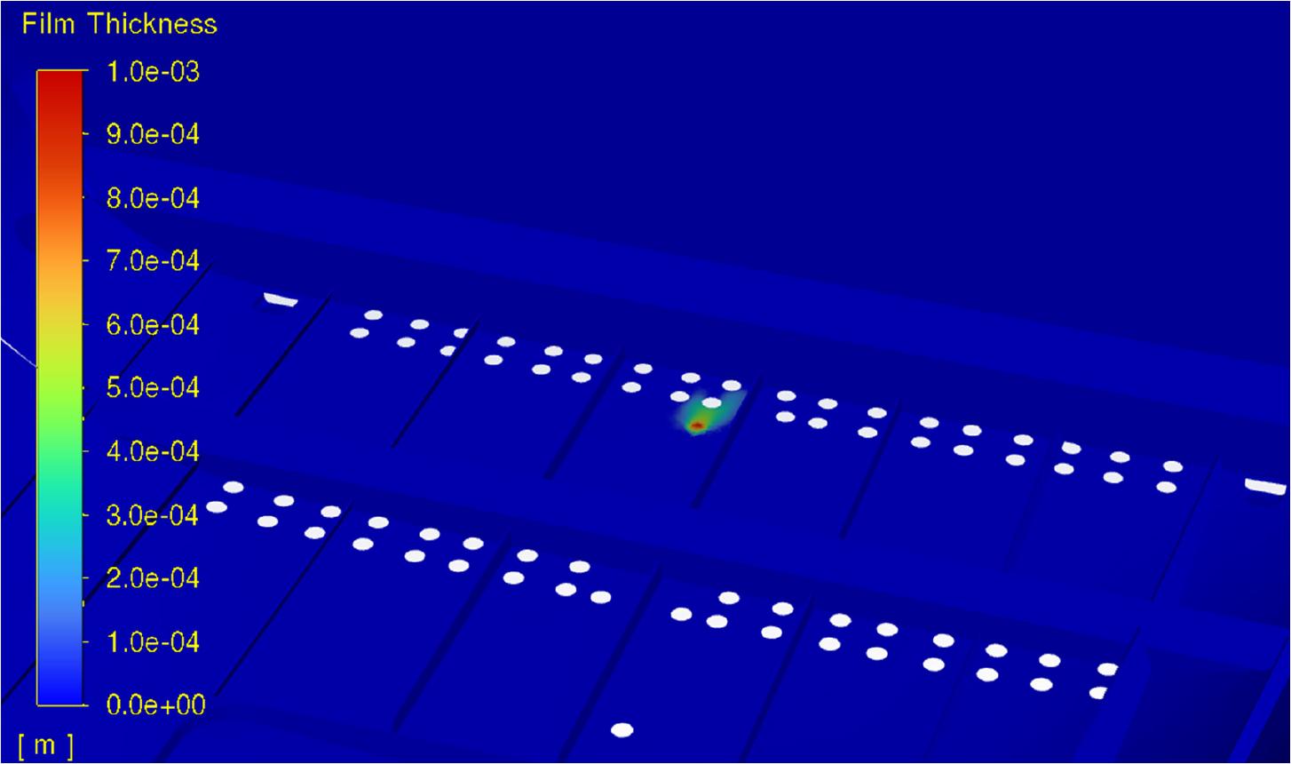 Distribution of the film thickness after modification of the ventilation system. For good visibility all elements other than wall boundaries of the bay are omitted in the picture, including the fourth bulkhead