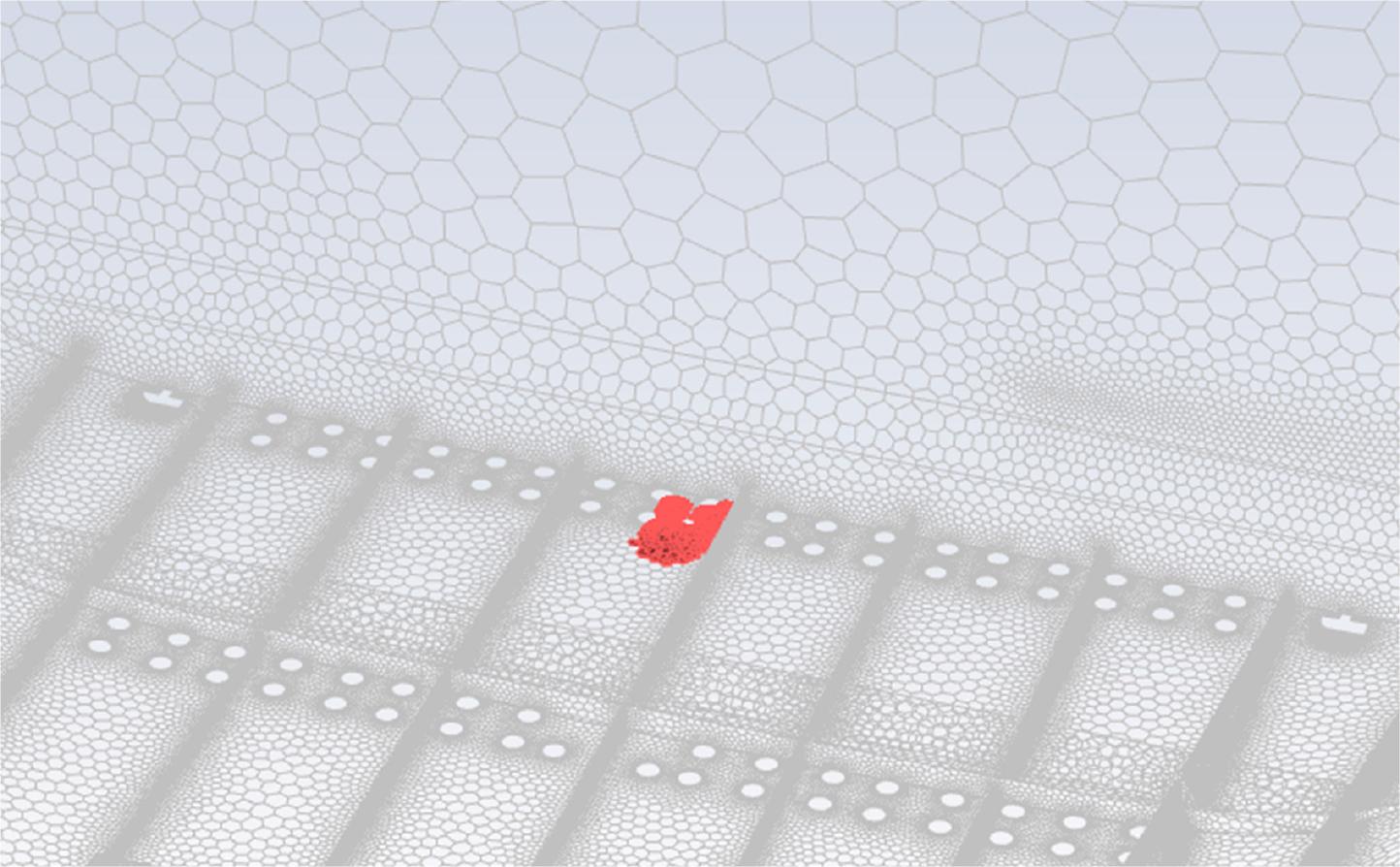 Location of cells with mass concentration of fuel vapor above the flammability level. All elements other than wall boundaries omitted in the picture.