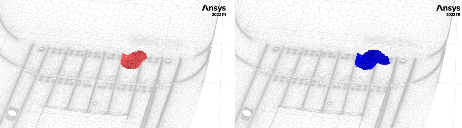 Left: visualization of cells with mass concentration of fuel vapor above the flammability level; right: visualization of cells with mass concentration of fuel vapor above the concentration of 50% of the flammability level. The visualisations were obtained for propeller rpm=481.