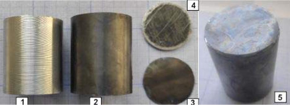 Appearance of a sandwich screen made of tantalum foil and boron carbide: 1 – screen made of boron carbide, 2 – screen made of tantalum, 3 – end tantalum screen of a round shape, 4 – screen of boron carbide of a round shape, 5 – view of a sandwich screen assembled.