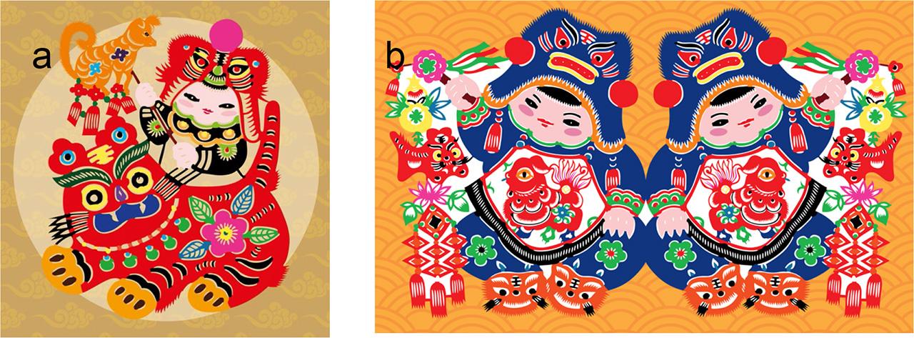 Spring Festival pictures. (a), a child celebrating the New Year; (b), two children celebrating the New Year