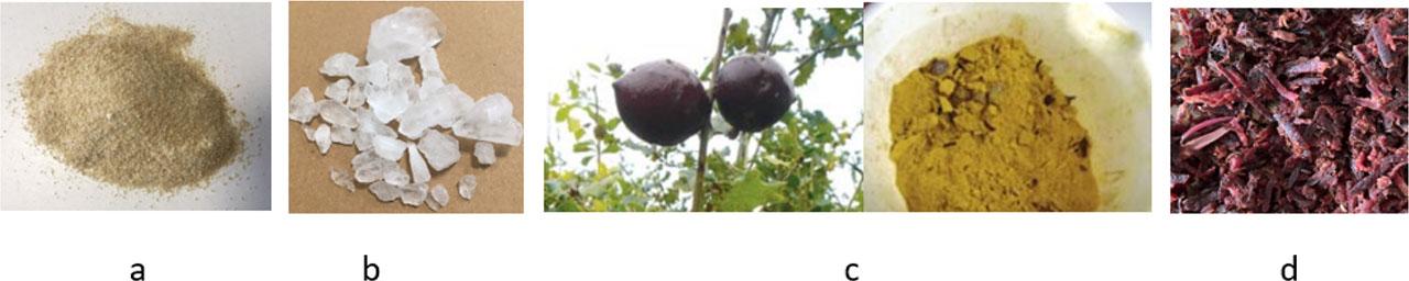 a) sodium alginate, b) alum, c) gall oak, d) black carrot