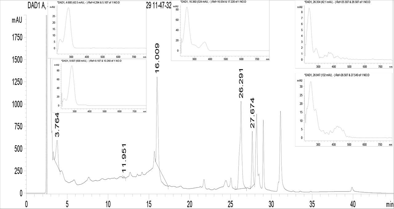 Chromatogram and spectra of the dyed samples