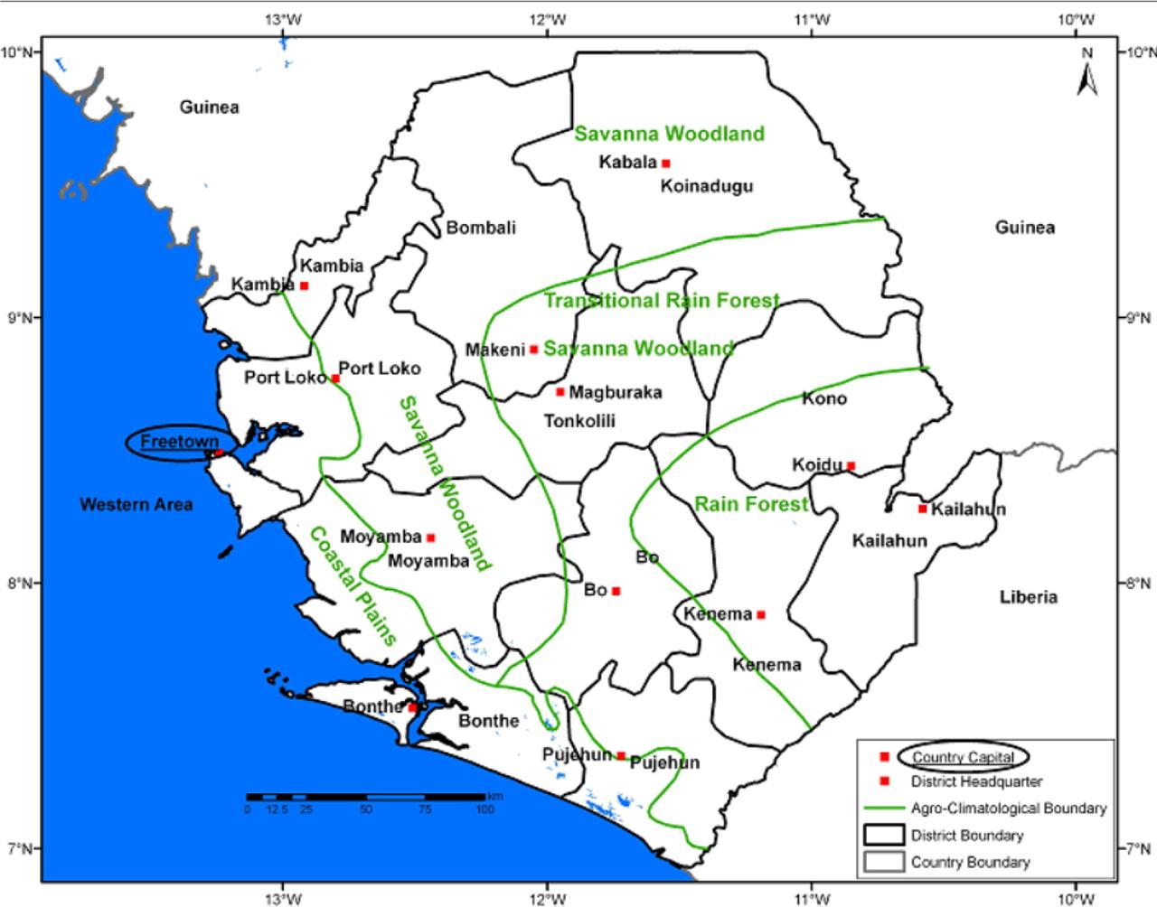 Map of Sierra Leone showing the Agro-Ecological ZonesSource: SLARI Strategic Plan, 2012–2021.