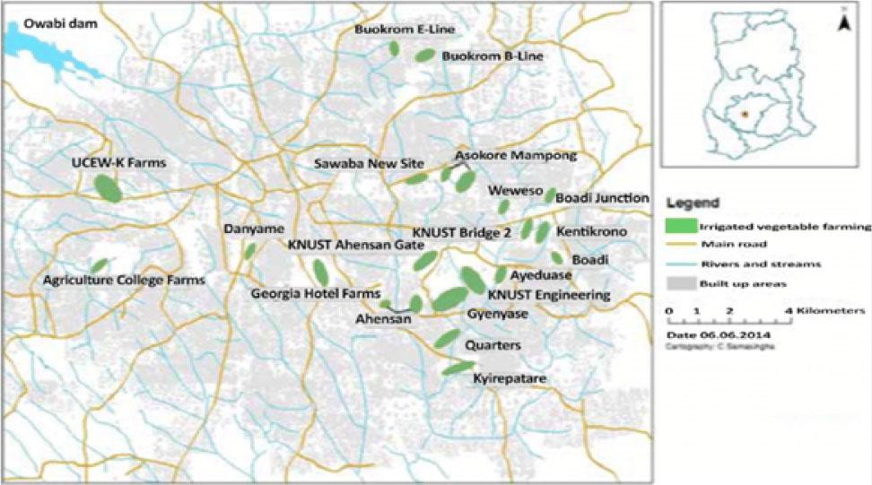 A map of Kumasi vegetable production sitesSource: Danso et al., 2014.