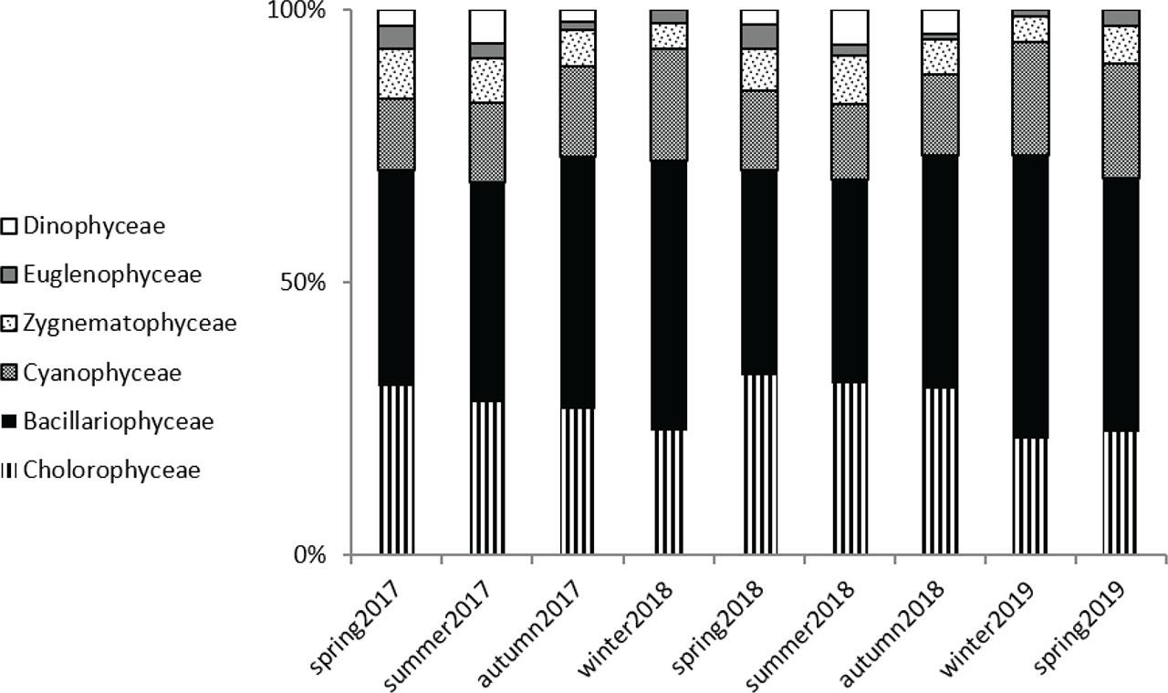 Seasonal variation of the communities' composition of phytoplankton in a natural mountain pond of Belezma biosphere reserveAbbildung 2. Saisonale Variation der Phytoplanktonzusammensetzung der Gemeinschaften in einem natürlichen Bergteich des Biosphärenreservats Belezma