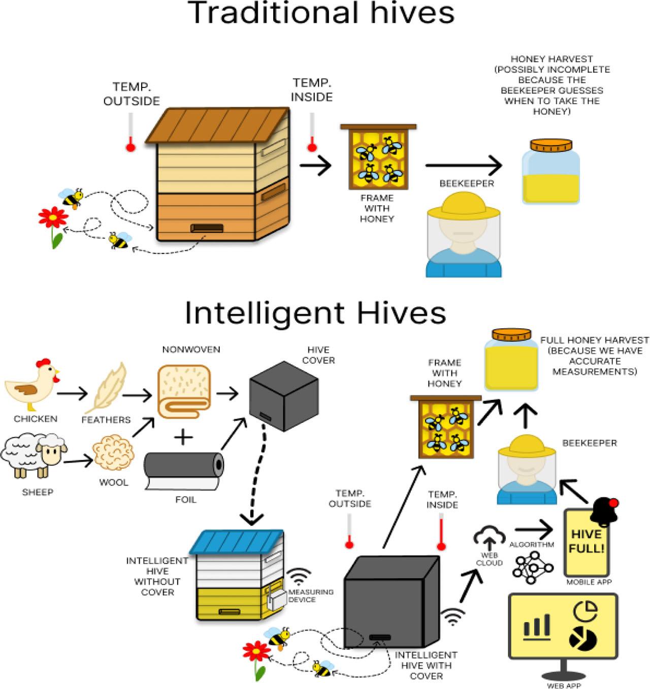 Diagram comparing the principle of operation of a traditional hive and intelligent hive