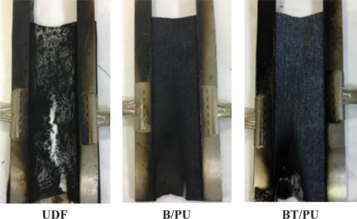 Images of uncoated and B/PU-BT/PU coated cotton denim fabrics following the vertical flame test