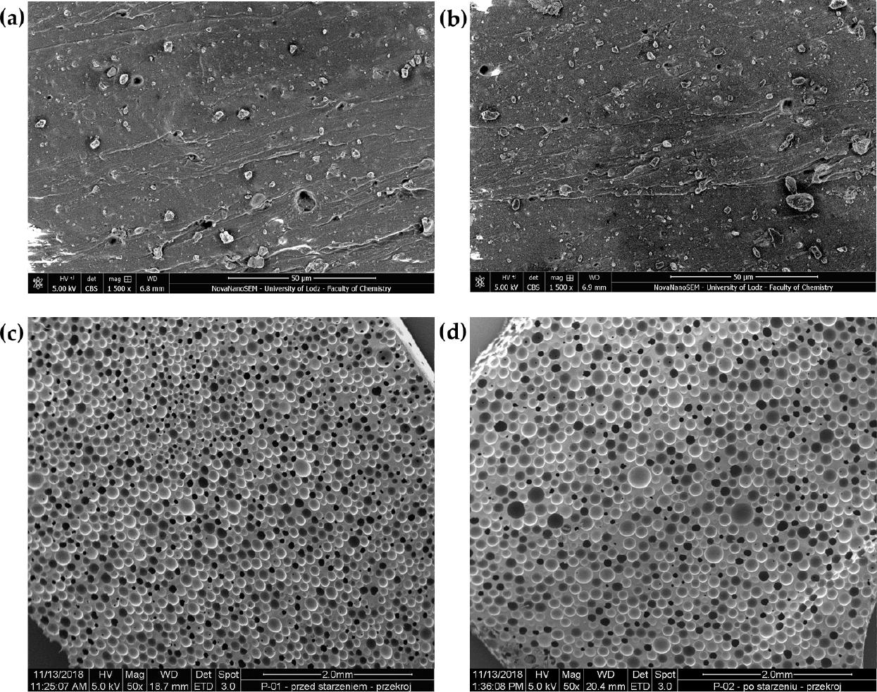 SEM images obtained for a) non-aged silicone, b) silicone after accelerated aging processes, c) non-aged PU foam, d) PU foam after accelerated aging processes
