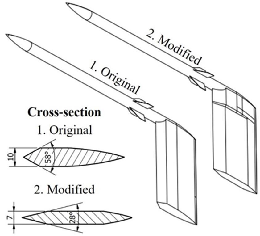 The sketch of the original and modified support, including the cross-section.