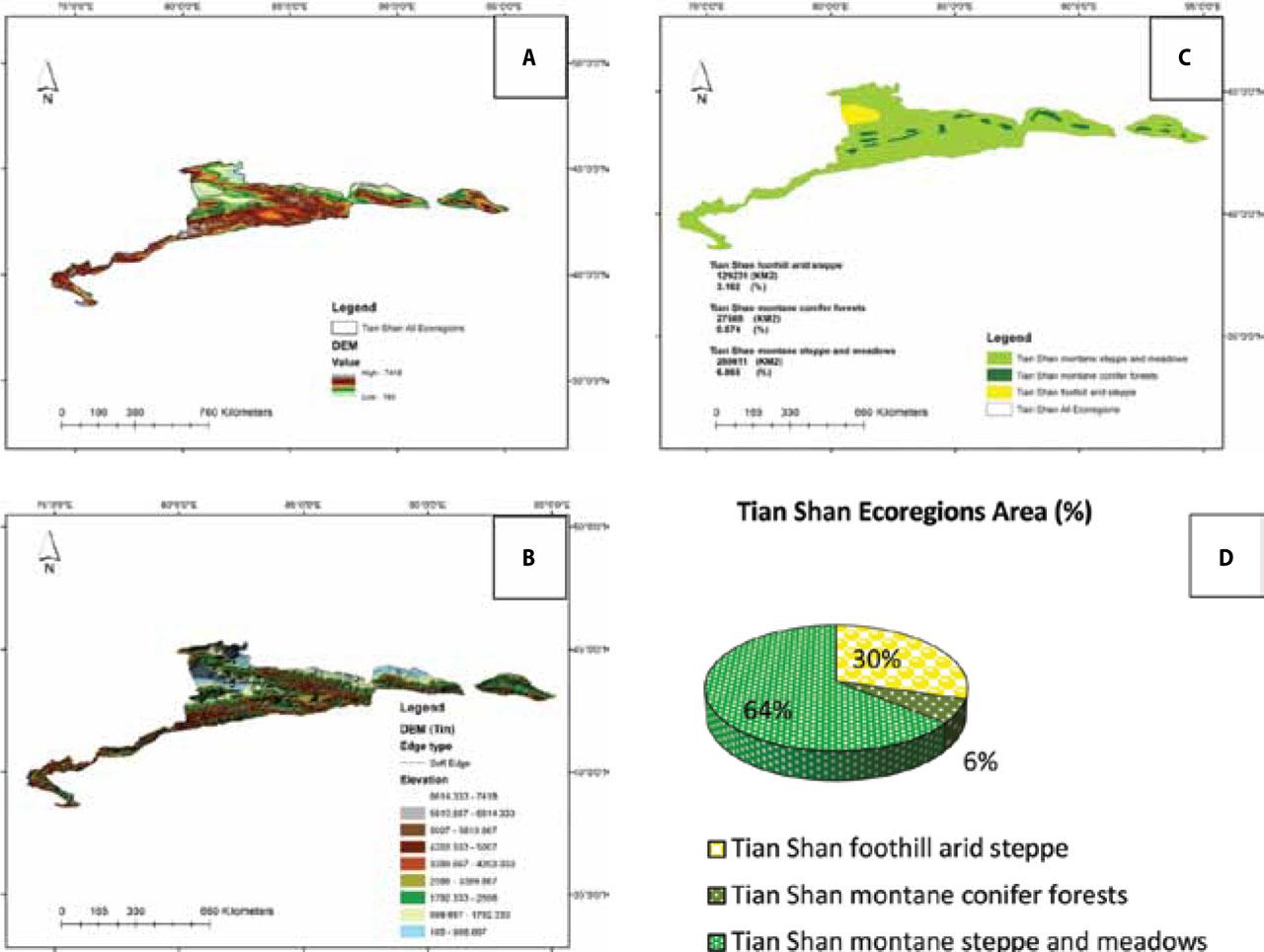 Geographical topography (A), elevation (B), situation (C), and area (D) of Tian Shan ecoregions during the statistical period of 2000–2022