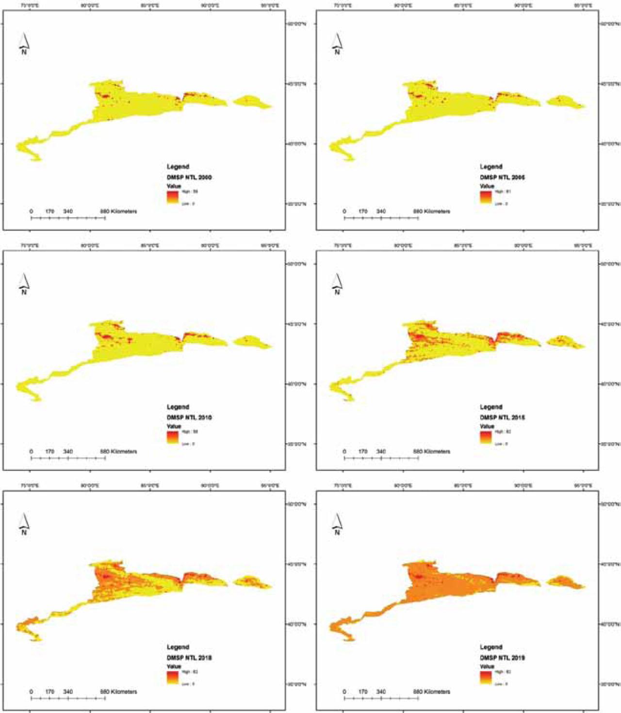 Effects of DMSP during different statistical periods from 2000 to 2019