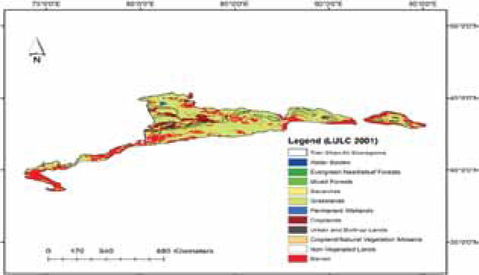 Visual pattern and classifications of LULC in 2001 in Tian Shan ecoregions