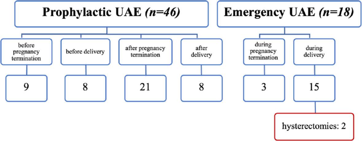 Patient distribution for prophylactic and emergency uterine artery embolization (UAE).