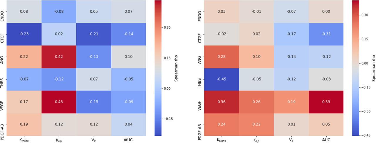 A correlation heatmap visualising perfusion parameters alongside plasma concentrations of angiogenic factors before concurrent chemoradiotherapy (cCRT) initiation (left) and after receiving 20 Gy radiotherapy (right).