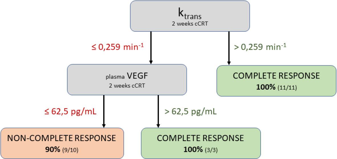 Graphical presentation of the classification tree model.cCRT = concurrent chemoradiotherapy; VEGF = vascular endothelial growth factor