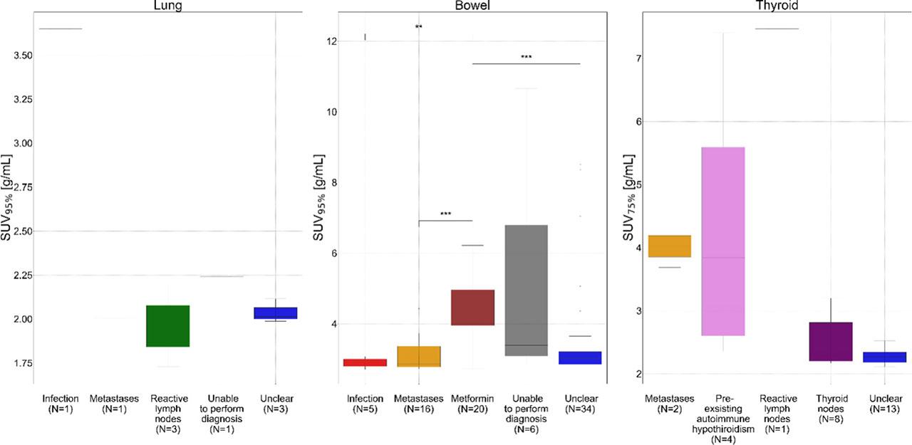 Boxplot shows values of optimal SUV percentile (SUVX%) above thresholds for immune-related adverse events (irAE) diagnosis in patients without clinically diagnosed irAE in lung, bowel, and thyroid. Values of SUVX% are separated based on reason for SUVX% above threshold, identified from patient’s chart. Each image timepoint and SUVX% extracted from that image is considered as separate instance so multiple points can be contributed by a single patient. p-value was calculated using Mann-Whiteney U test. P-value is shown only for pairings with statistically significant differences* = shows p-value between 0.05 and 0.01; ** = for p-value between 0.01 and 0.001; *** = for p-value between 0.001 and 0.00001