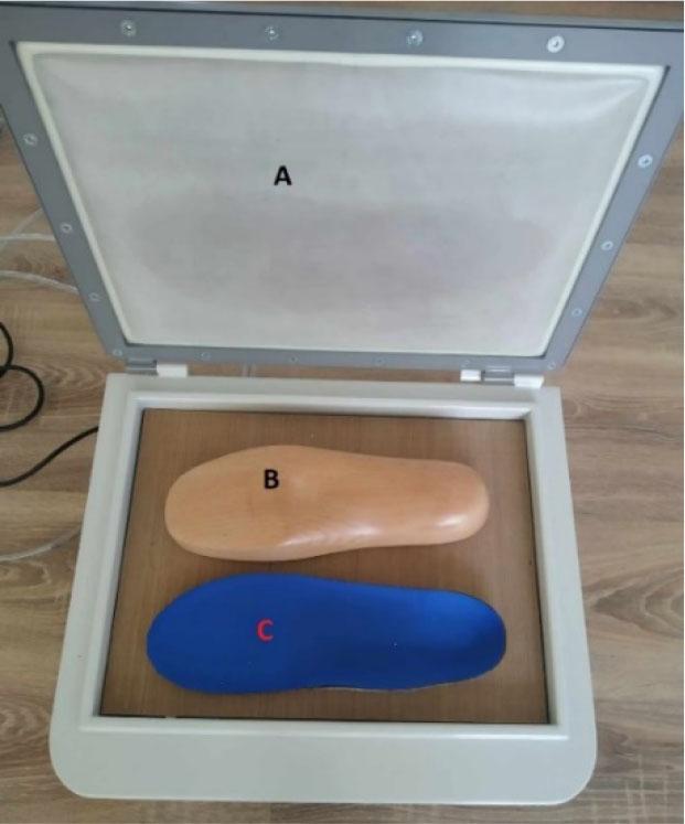 System for making thermoplastic insoles. A - vacuum pump, B - last, C - ready insole. (source: own research)