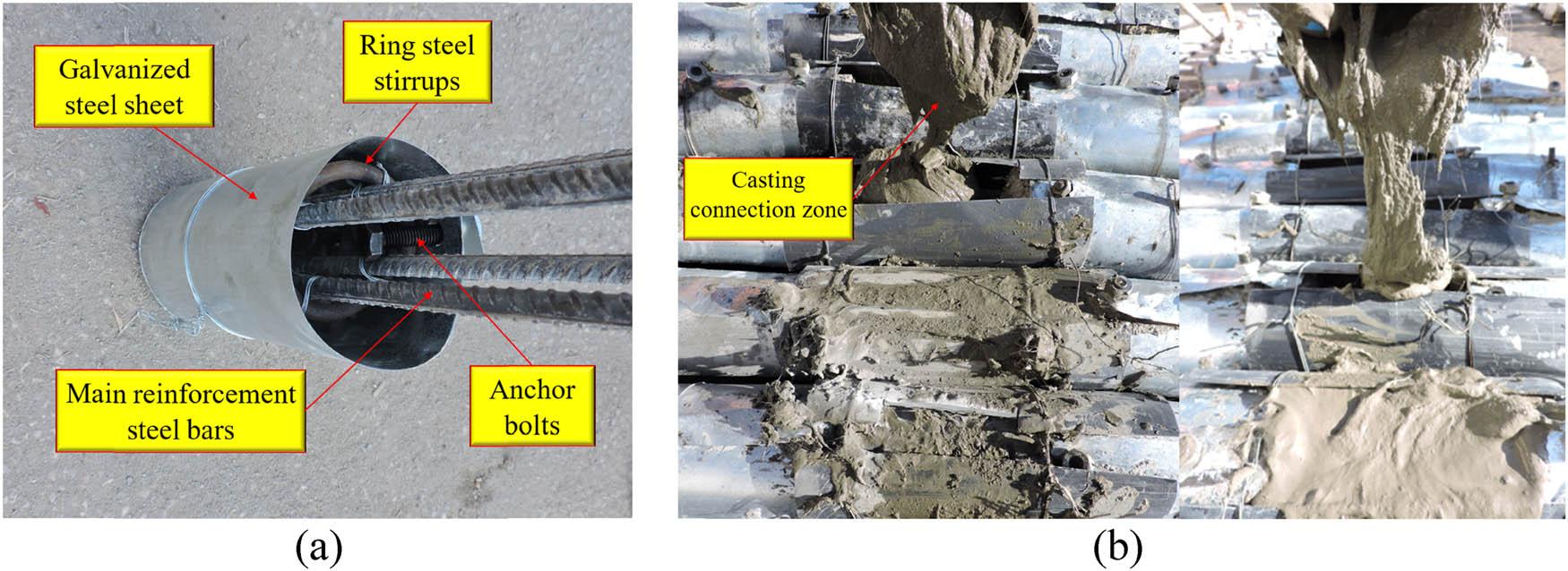 Preparation of connected beams: (a) preparation of pre-casted panels and (b) connecting of panels and casting of the connection zone.