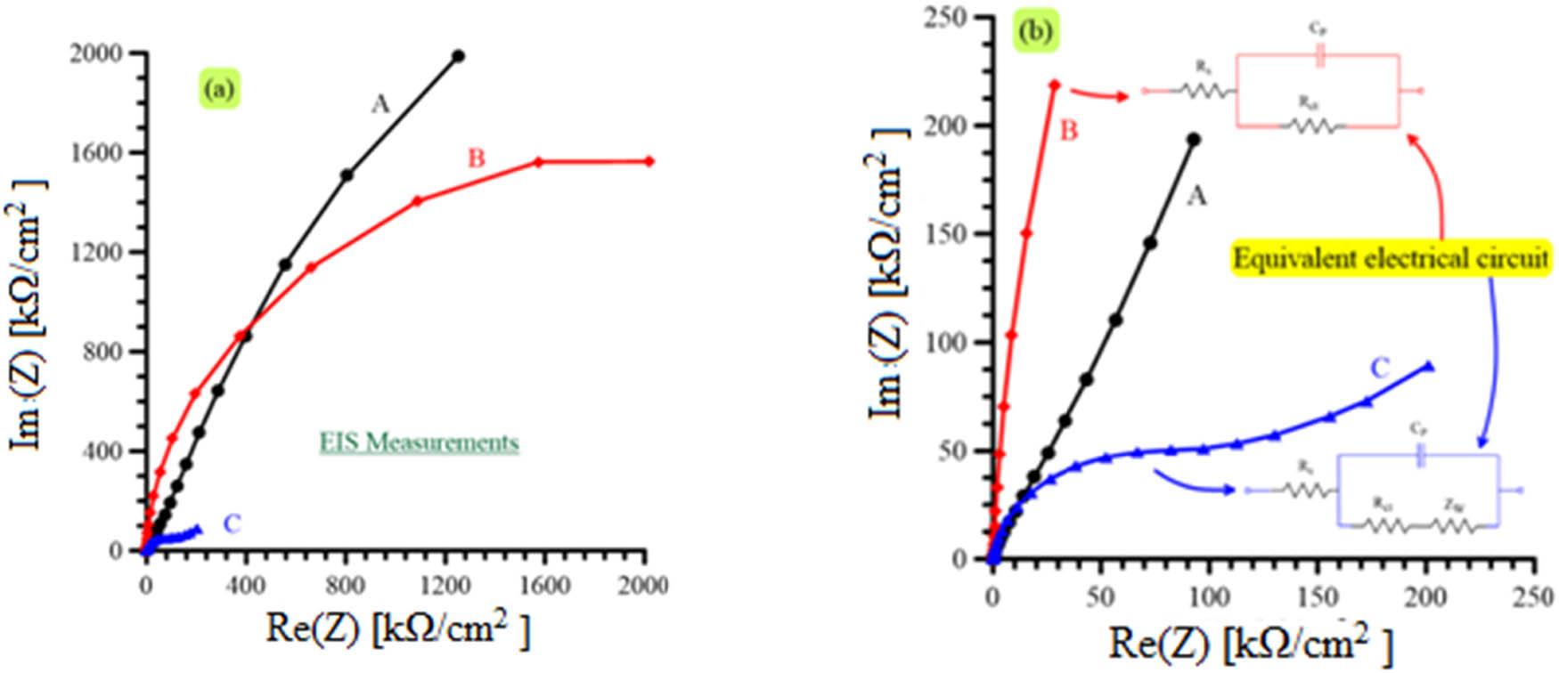 (a) Nyquist diagrams of the FTO electrode prior to and after insertion of silver microparticles into the polymer film PPy-b relative to: (A) FTO electrode, (B) FTO electrode modified by the polymer film, and (C) after insertion and reduction of silver microparticles into PPy-b. (b) A zoom-in view of the region of low impedance.