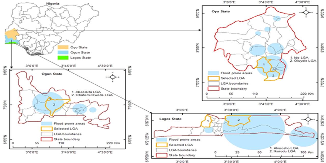 Map of the study area showing flood-prone vulnerable areas in the selected states of Southwestern NigeriaSource: field survey, 2021.