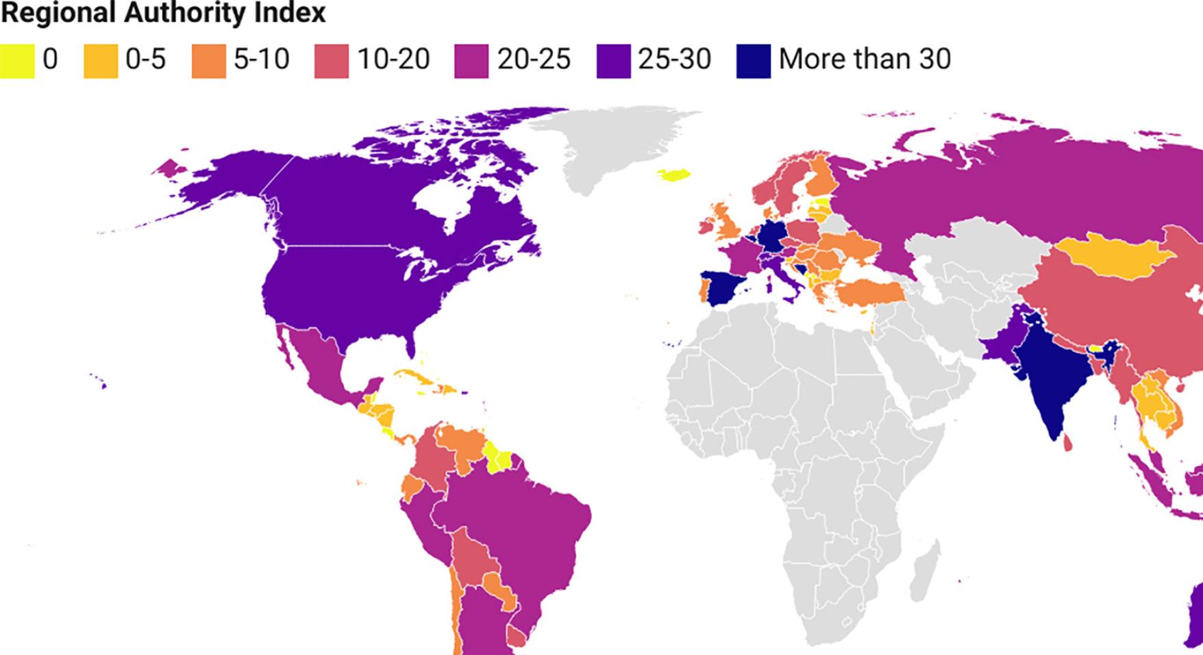 The degree of decentralisation, measured by the Regional Authority Index in 2018, elaborated with data from Shair-Rosenfield et al. (2021) & Hooghe et al. (2016), created with Datawrapper.