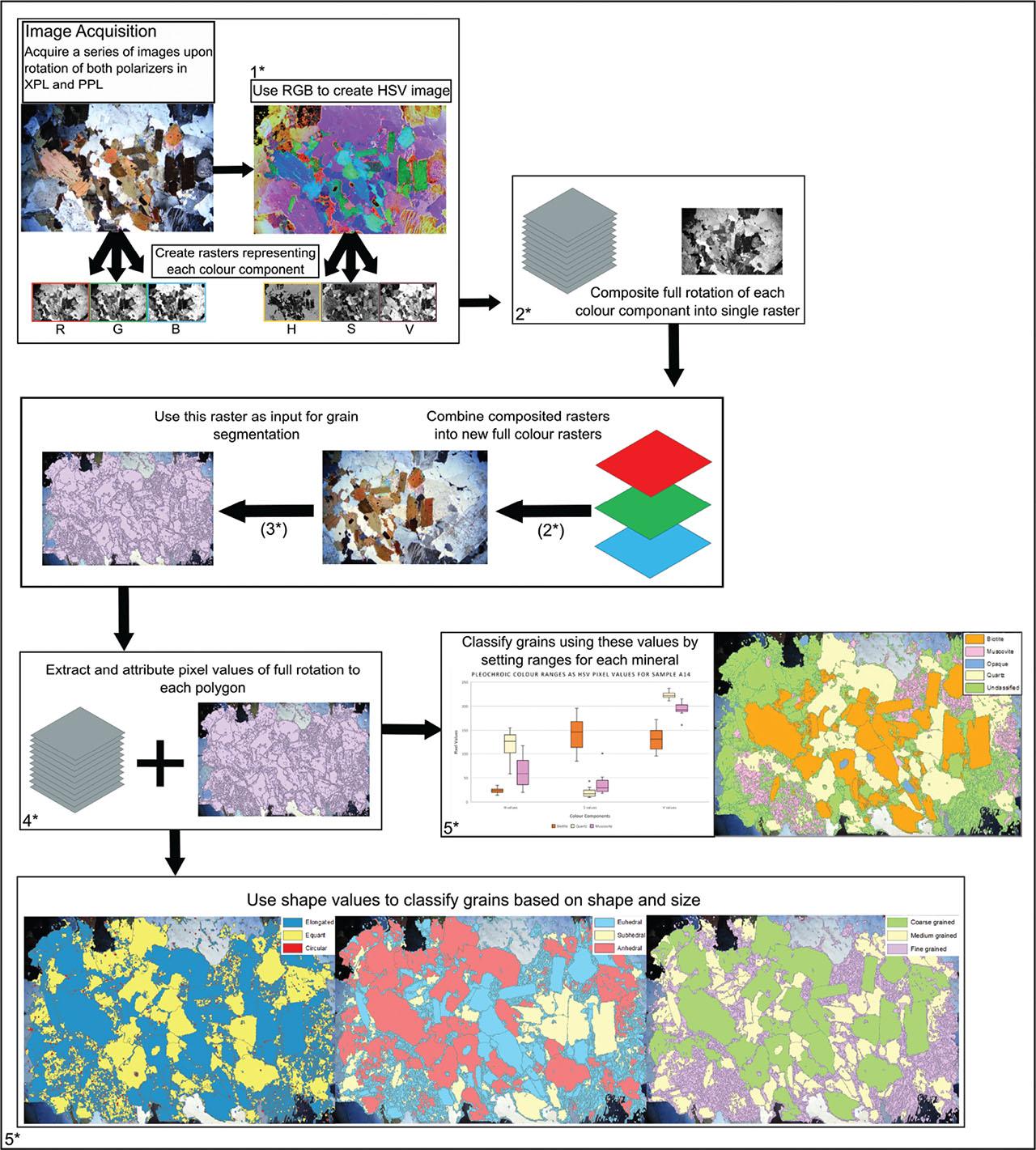 Workflow devised for this study. The ArcMap tools used are numbered and are as follow: (1) Colour Model Conversion function, (2) Composite Bands tool, (3) MFA, specifically the GSD tool, (4) Zonal Statistics tool, (5) Inbuilt raster calculator. GSD, grain size detector; MFA, micro fabric analyser; PPL, plane polarised light; RGB, red, green, blue; XPL, crossed polarised light.
