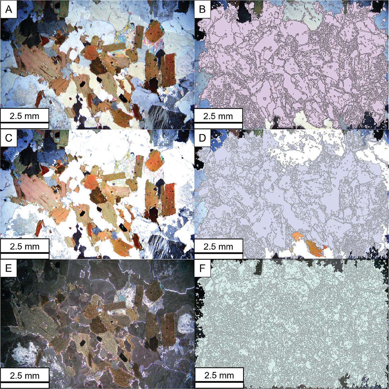 Average Interference colour image for sample A14 along with polygons produced from grain segmentation (A, B). Maximum Interference colour image for sample A14 along with polygons produced from grain segmentation (C, D). Minimum interference colour image for sample A14 along with polygons produced from grain segmentation (E, F).