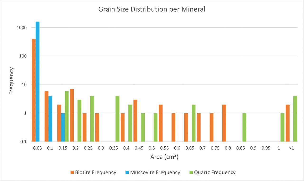 Grain size distribution per mineral.
