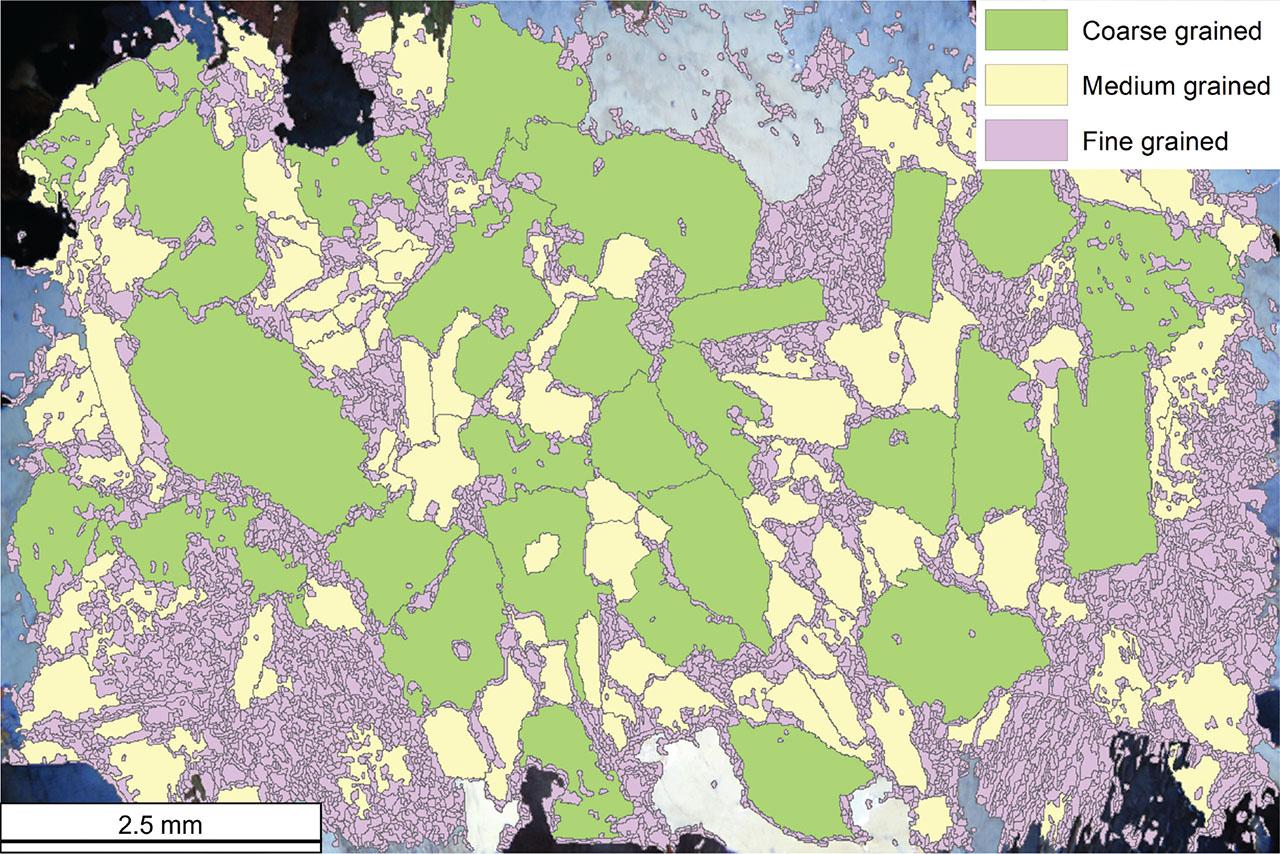 Grains classified based on size as either coarse-, medium- or fine-grained.