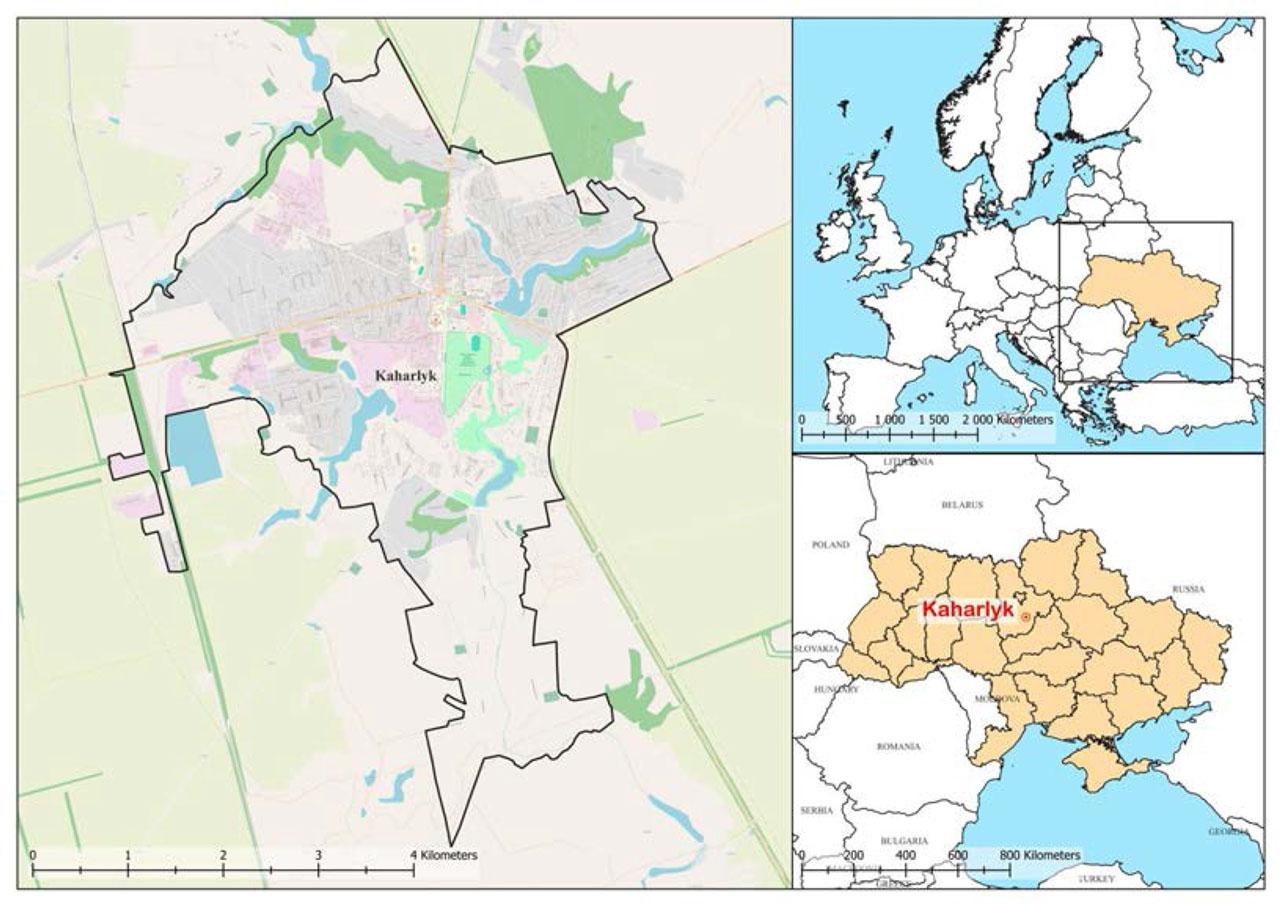 The scheme of the location of Kaharlyk on the territory of the Kyiv region, Ukraine.